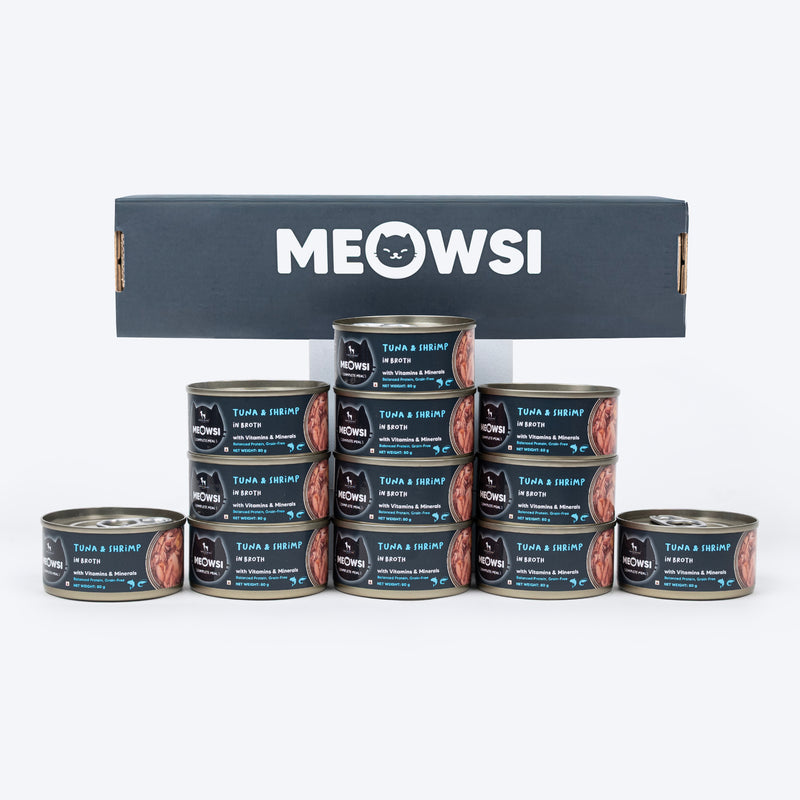 Meowsi by HUFT Tuna & Shrimp in Broth Canned Cat Wet Food, 80 gm, with vitamins and minerals, grain-free.