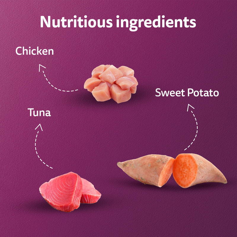 Whiskas Tasty Mix Chicken Tuna With Sweet Potato In Gravy Wet Food For Junior (2-12 Months) Kitten - 70 gm Pack - Heads Up For Tails