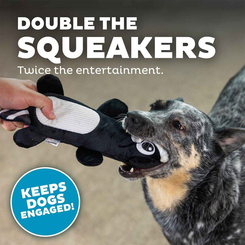 Outward Hound Skunk Stuffing-Free Big Squeak Plush Toy For Dog - Black - Heads Up For Tails