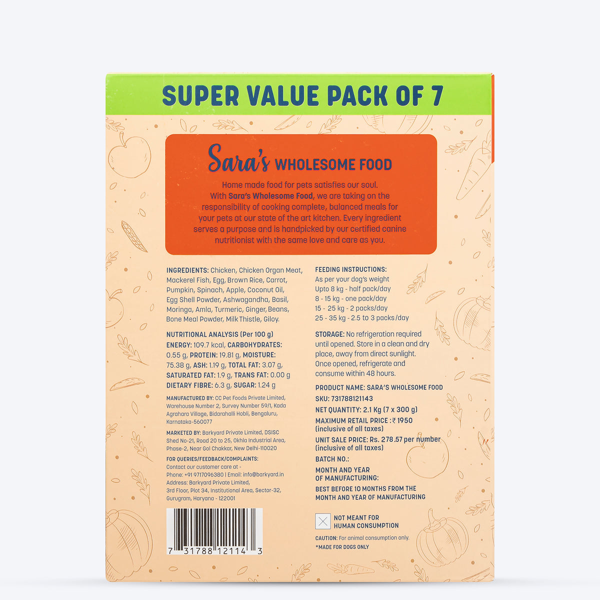Sara's Wholesome Classic Chicken and Brown Rice Dog Food, 7 x 300g pack, made with farm-fresh ingredients.