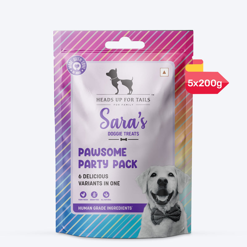 Sara's Doggie Treats Pawsome Party Pack, 200 gm, features 6 delicious variants for dogs, with a colorful packaging design.