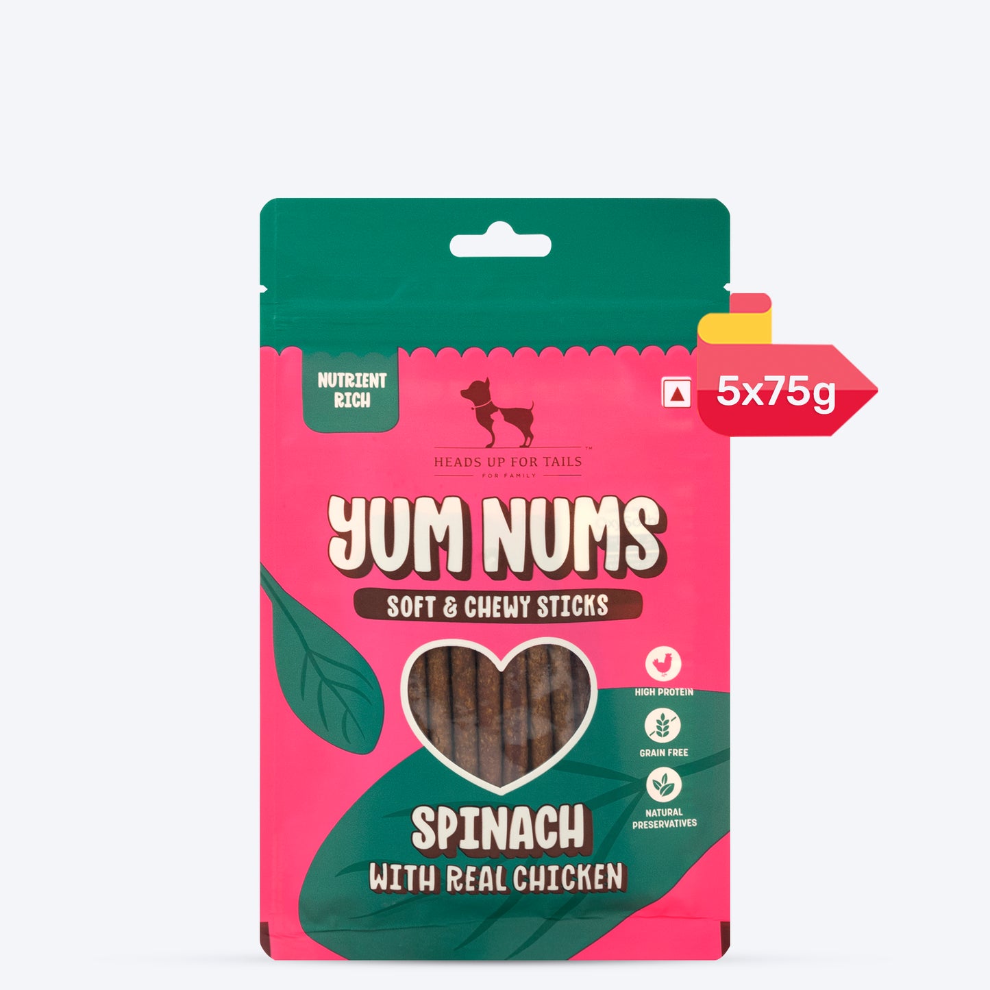 HUFT Yum Nums Soft & Chewy Sticks Spinach With Real Chicken Treat For Dogs - 75 g