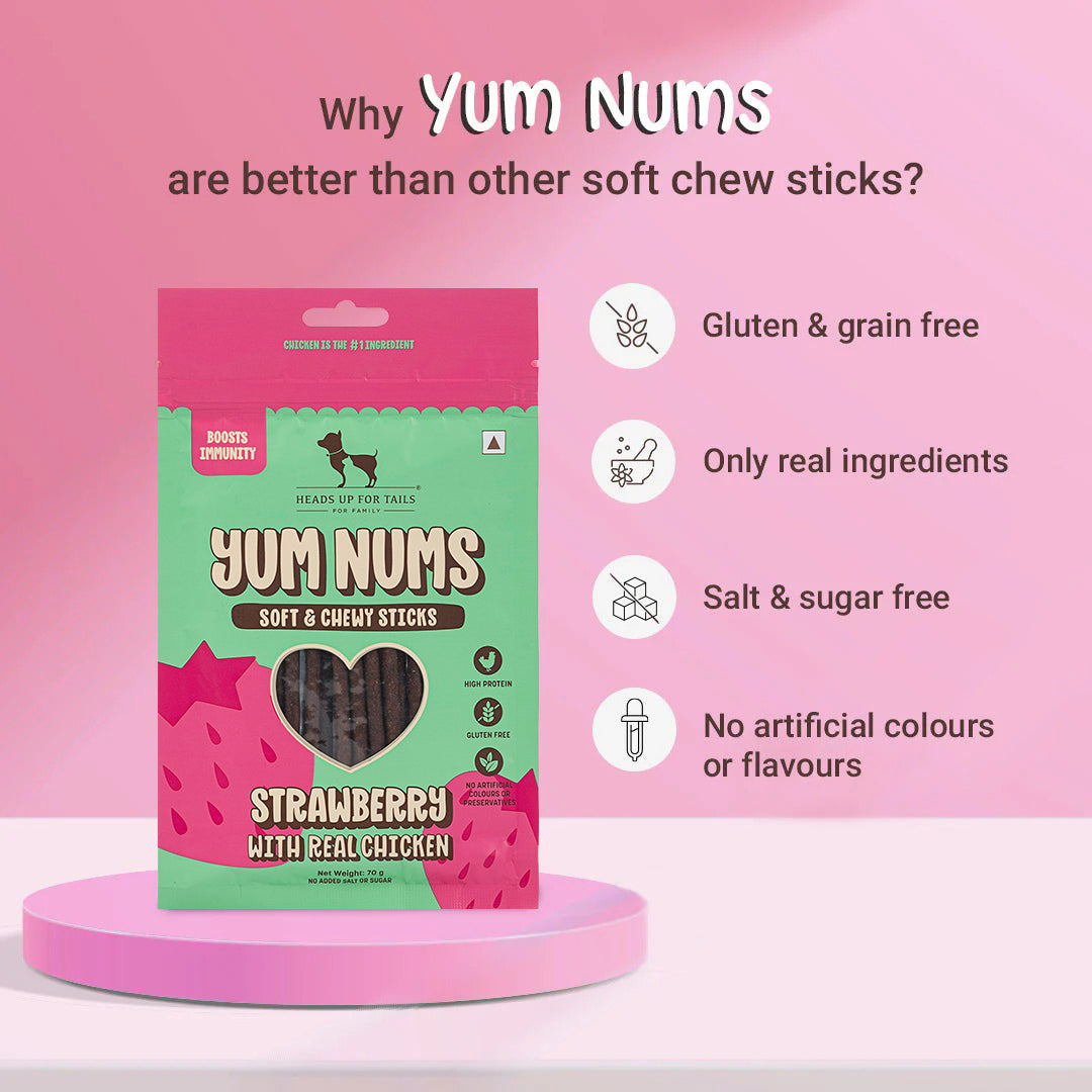 HUFT Yum Nums Soft & Chewy Sticks Strawberry with Real Chicken Treat For Dogs - 70 g - Heads Up For Tails