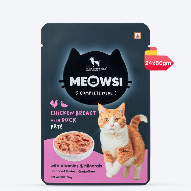 Meowsi by HUFT Chicken Breast with Duck pâté cat wet food, 80 gm, featuring a cat and a bowl of food on the packaging.