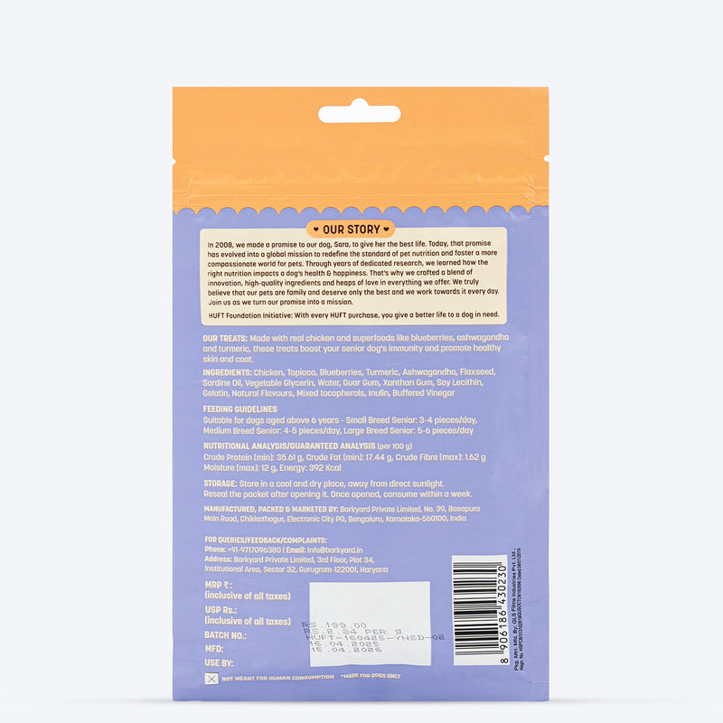 HUFT Yum Nums Senior Dog Treats Soft & Chewy Sticks Blueberries & Ashwagandha With Chicken - 70 gm - Heads Up For Tails