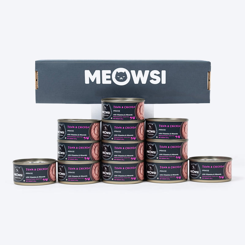 Meowsi by HUFT Tuna & Chicken in Mousse Canned Cat Wet Food, 80 gm, with vitamins and minerals, grain-free.