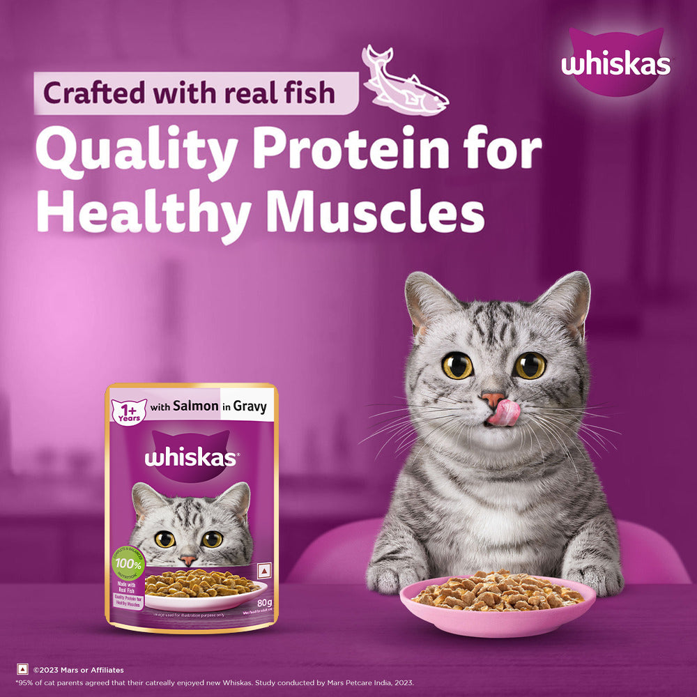 Whiskas Salmon in Gravy (1+ Years) Wet Food For Adult Cat - 80 gm - Heads Up For Tails