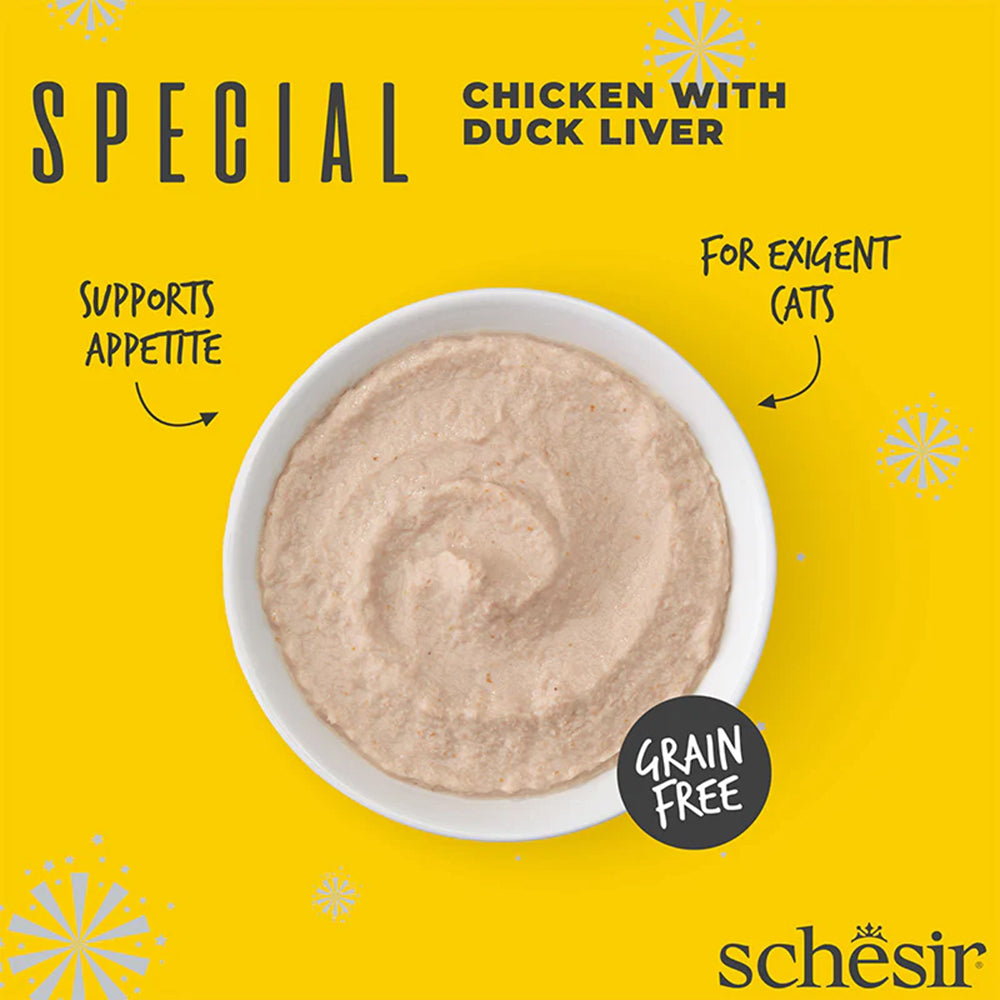 Schesir Special Mousse Exigent Chicken With Duck Liver Wet Food For Adult Cat - 70 gm - Heads Up For Tails