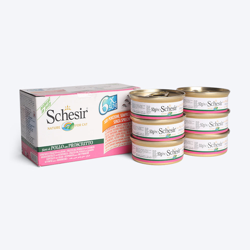 Schesir 51% Chicken Fillets With Ham Multipack Canned Wet Cat Food - (6x50g) - Heads Up For Tails