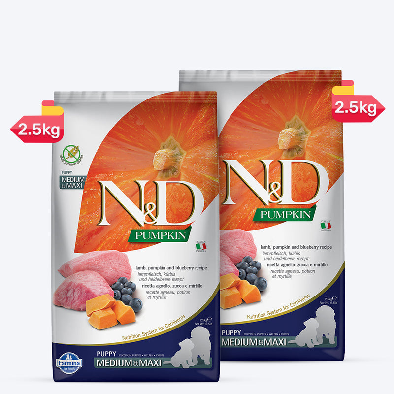 Farmina N&D Pumpkin Lamb & Blueberry Grain Free Medium & Maxi Breed Dry Puppy Food - Heads Up For Tails