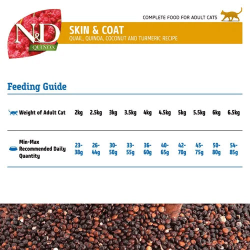 Farmina N&D Quinoa Skin & Coat Quail, Coconut & Turmeric Dry Food For Adult Cat - 1.5 kg - Heads Up For Tails