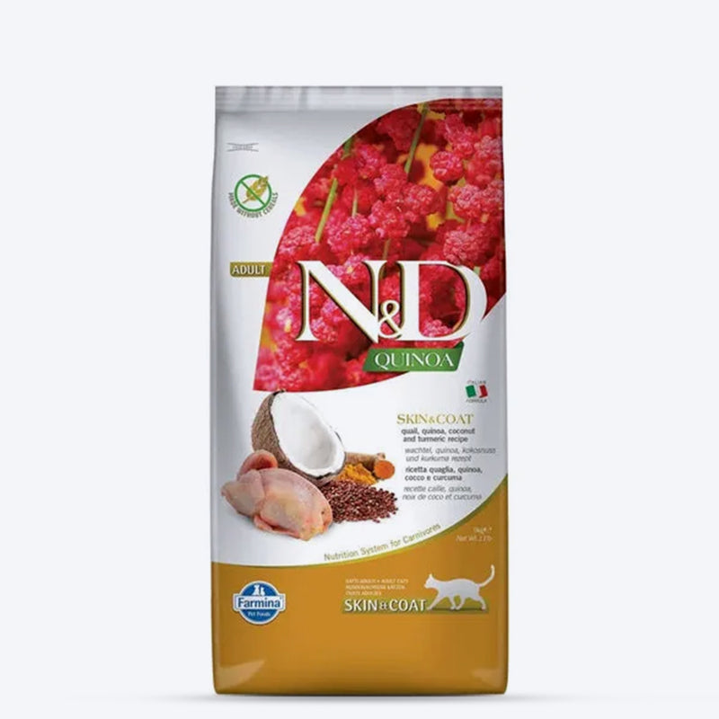Farmina N&D Quinoa Skin & Coat Quail, Coconut & Turmeric Dry Food For Adult Cat - 1.5 kg - Heads Up For Tails