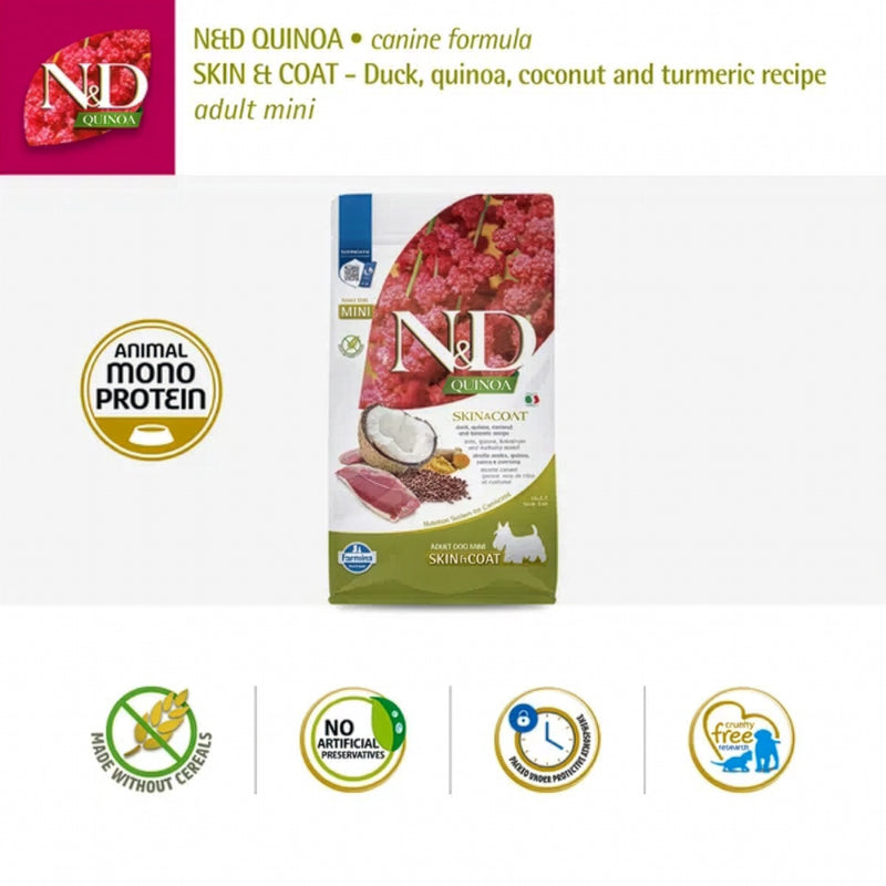 Farmina N&D Quinoa Skin & Coat Duck Coconut & Turmeric Mini Breed Dry Adult Dog Food - 2.5 kg - Heads Up For Tails