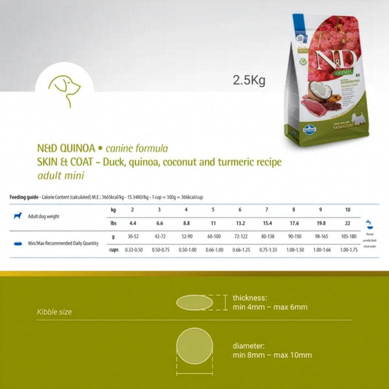 Farmina N&D Quinoa Skin & Coat Duck Coconut & Turmeric Mini Breed Dry Adult Dog Food - 2.5 kg - Heads Up For Tails