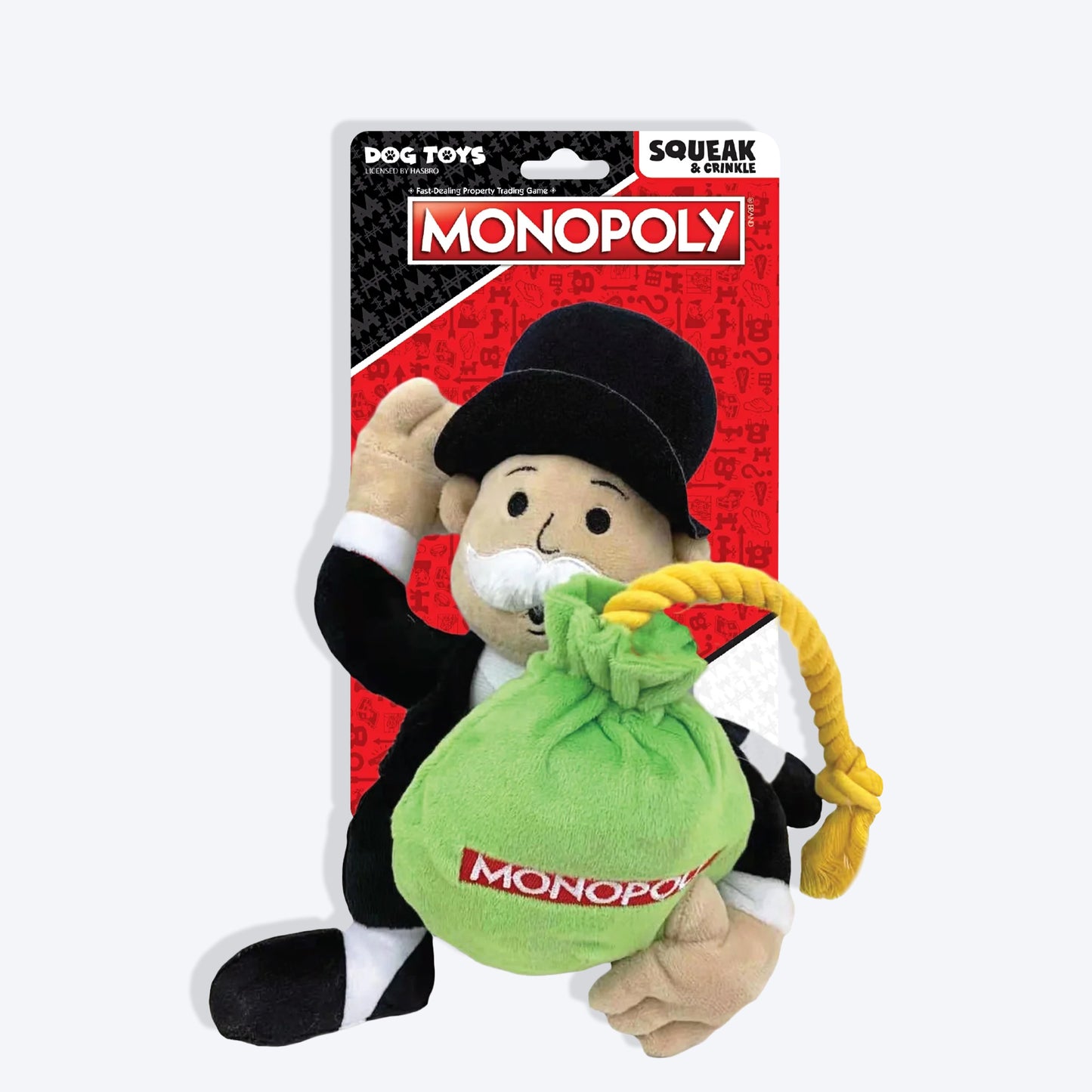 Hasbro Mr. Monopoly With Money Bag Squeak & Crinkle Plush Toy For Dog