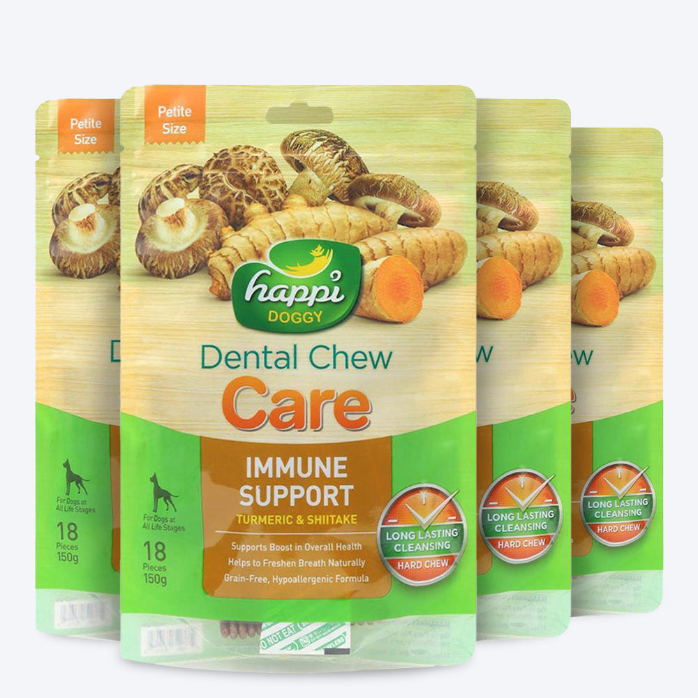 Happi Doggy Dental Chew Care (Immune Support) - Turmeric & Shiitake- Petite - 2.5 inch - 150g - 18 Pieces - Heads Up For Tails