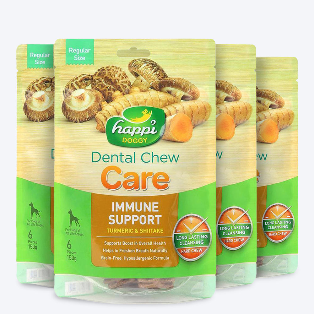 Happi Doggy Dental Chew Care (Immune Support )- Turmeric & Shiitake - Regular 4 inch - 150 g - 6 pieces - Heads Up For Tails