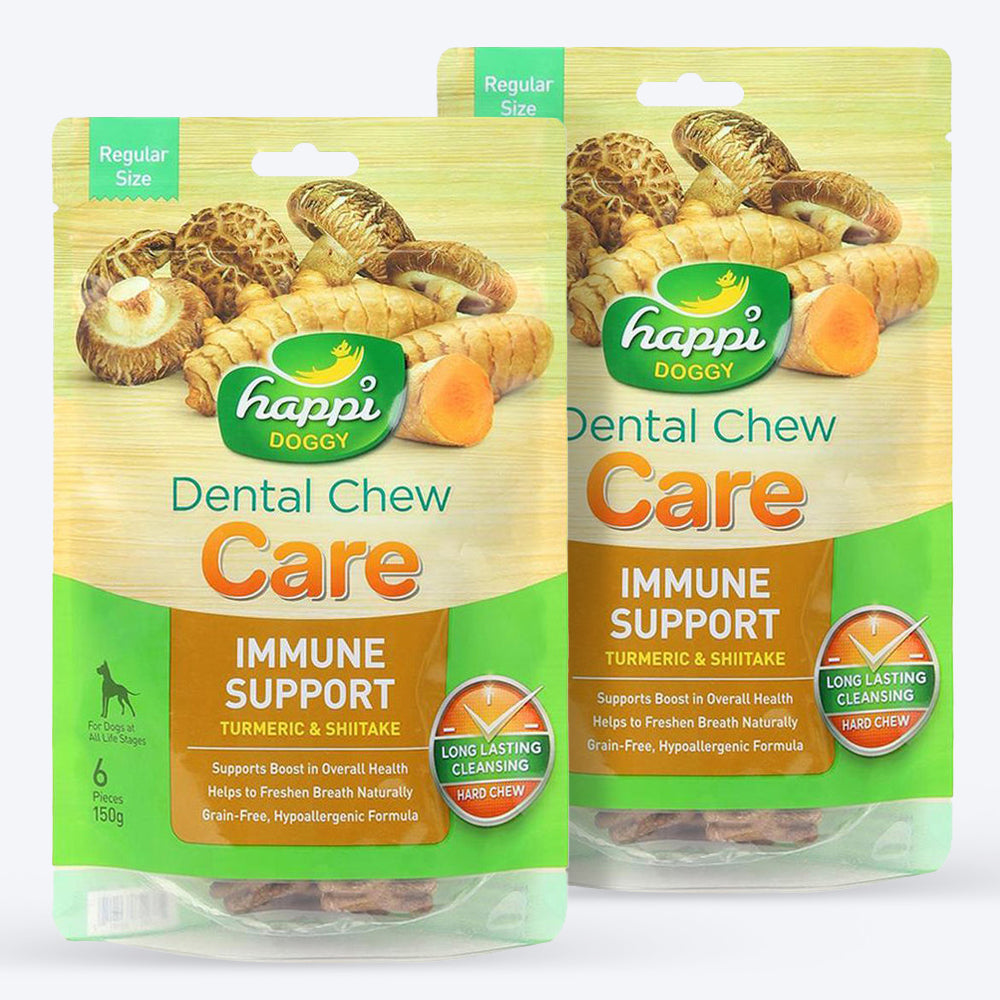 Happi Doggy Dental Chew Care (Immune Support )- Turmeric & Shiitake - Regular 4 inch - 150 g - 6 pieces - Heads Up For Tails