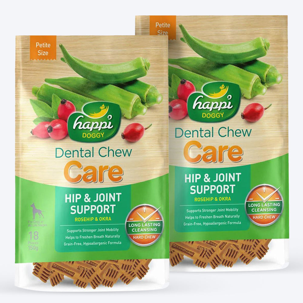 Happi Doggy Vegetarian Dental Chew - Care (Hip & Joint Support) Rosehip & Okra - Petite - 2.5 inch - 150 g - 18 Pieces - Heads Up For Tails