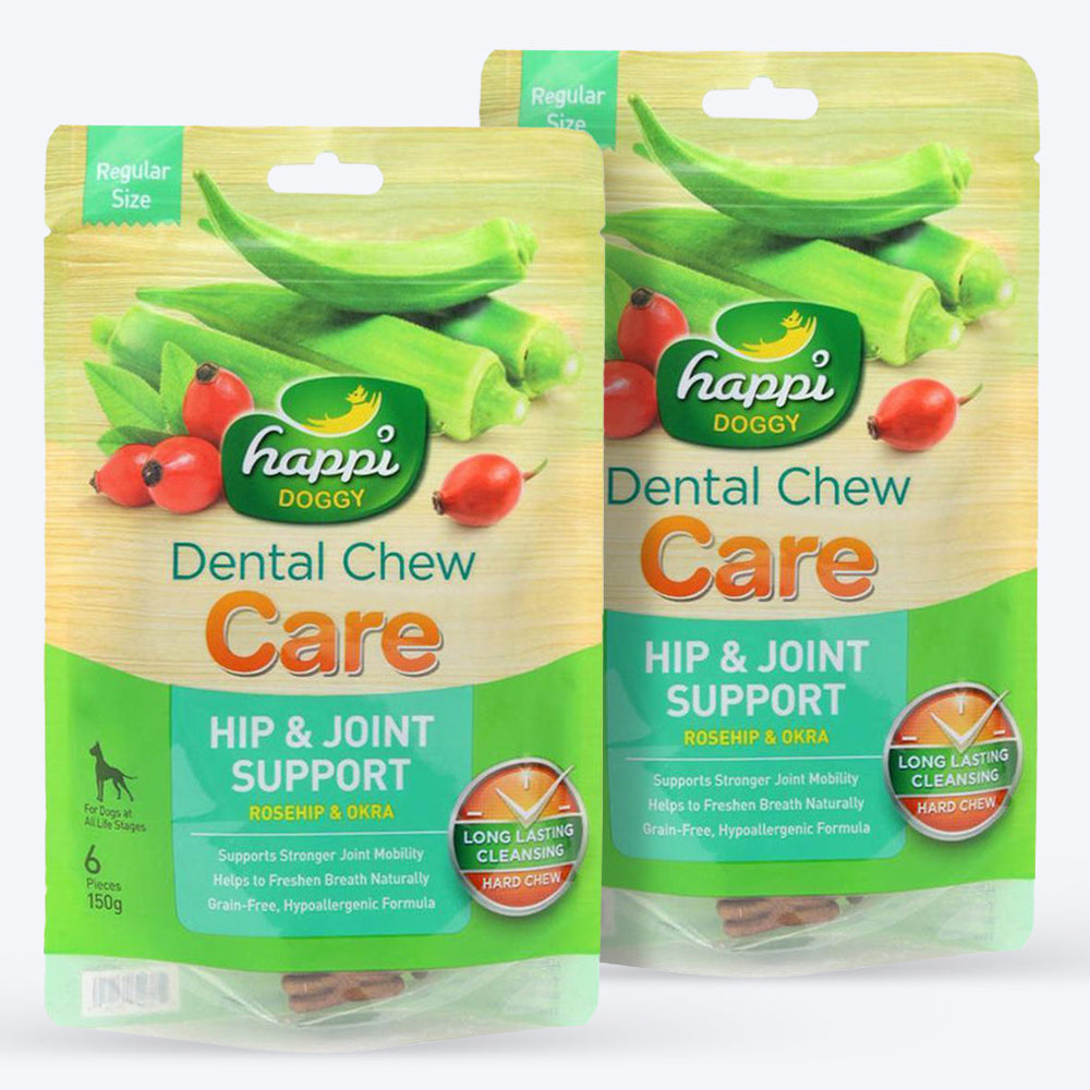 Happi Doggy Dental Chew Care (Hip & Joint Support) Rosehip & Okra - Regular 4 inch - 150 g - 6 Pieces - Heads Up For Tails