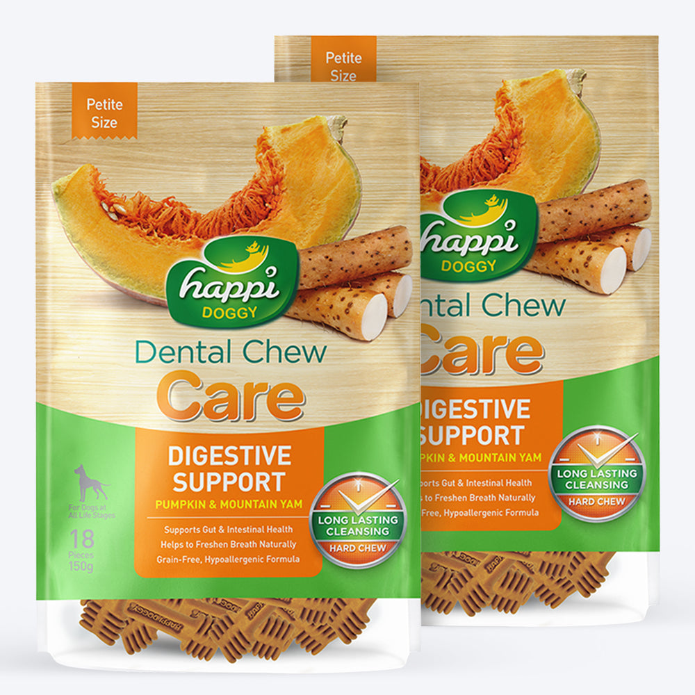 Happi Doggy Vegetarian Dental Chew - Care (Digestive Support) - Pumpkin & Mountain Yam - Petite - 2.5 inch -150 g - 18 Pieces