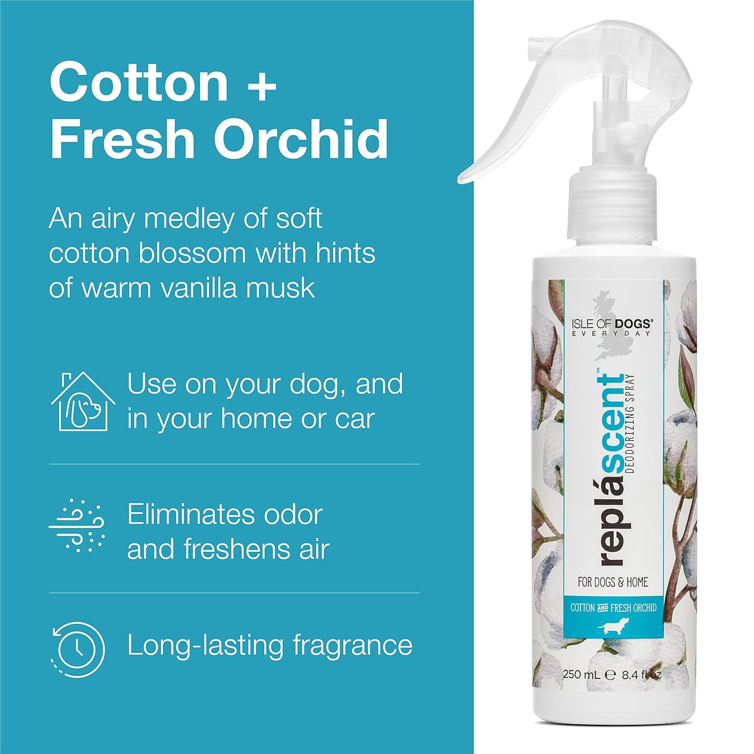 Isle of Dogs Replascent Deodorizing Spray For Dogs & Home - Cotton + Fresh Orchid - 250 ml - Heads Up For Tails