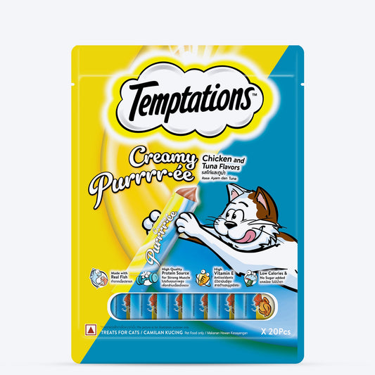 Temptations Creamy Purrrr-ee Chicken & Tuna Flavors Cat Treats - 240 gm (20 x 12gm) - Heads Up For Tails