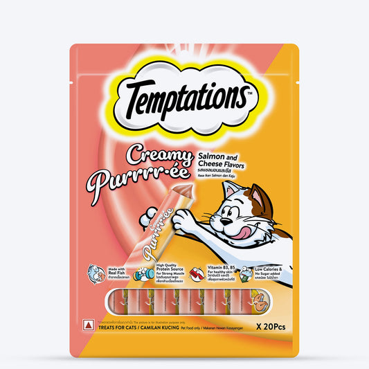 Temptations Creamy Purrrr-ee Salmon & Cheese Flavors Cat Treats - 240 gm (20 x 12gm) - Heads Up For Tails