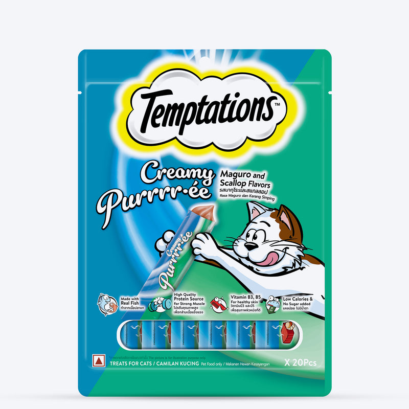 Temptations Creamy Purrrr-ee Maguro & Scallop Flavors Cat Treats - 240 gm (20 x 12gm) - Heads Up For Tails