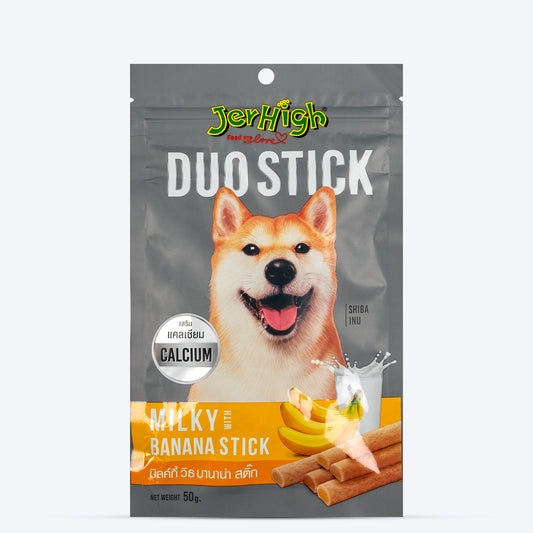 JerHigh Duo Stick Dog Treat - Milk with Banana - 50 g - Heads Up For Tails