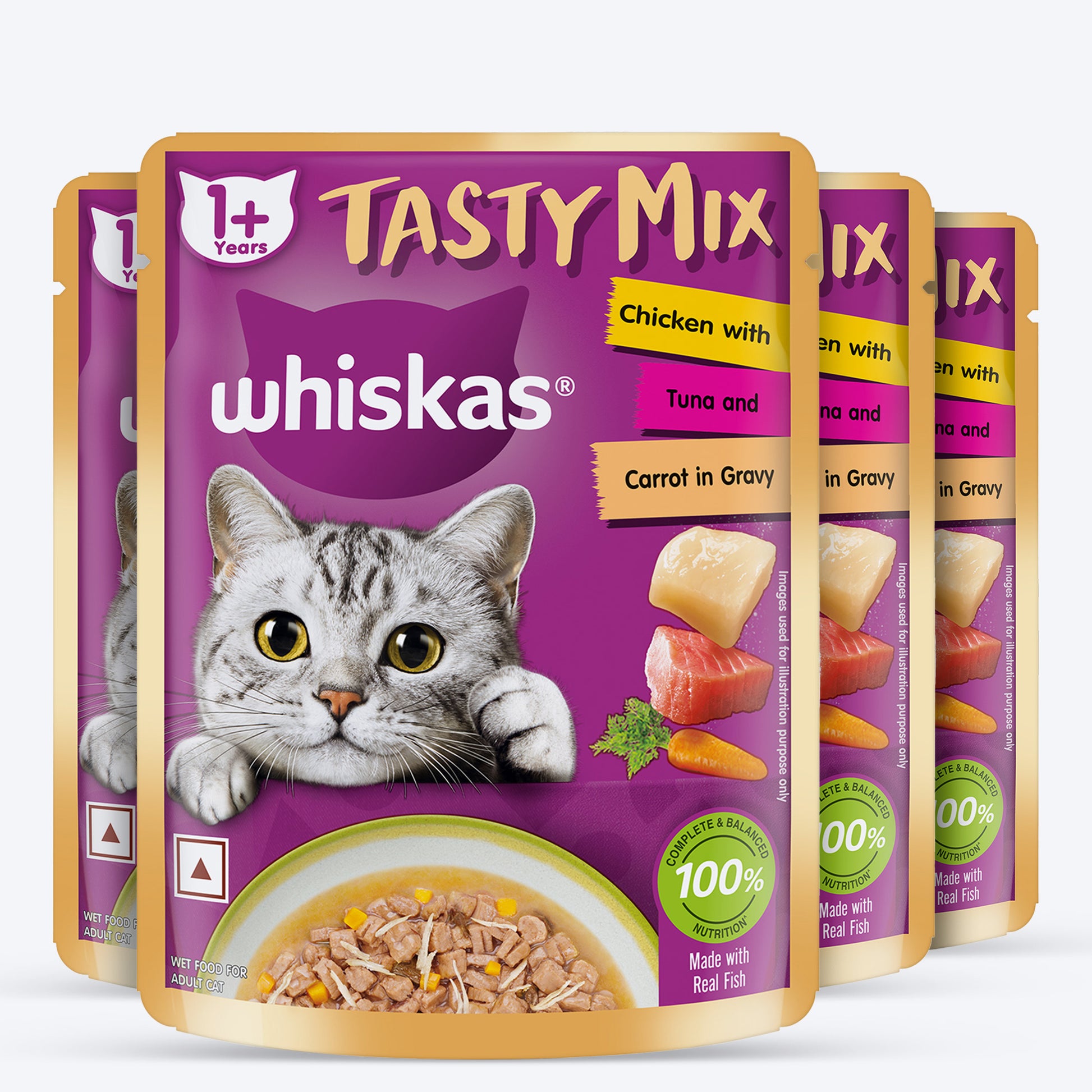 Whiskas Tasty Mix Wet Food Made With Real Fish(Tuna), Chicken & Carrot in Gravy For Adult (1+ year) Cat - 70 gm Pack - Heads Up For Tails