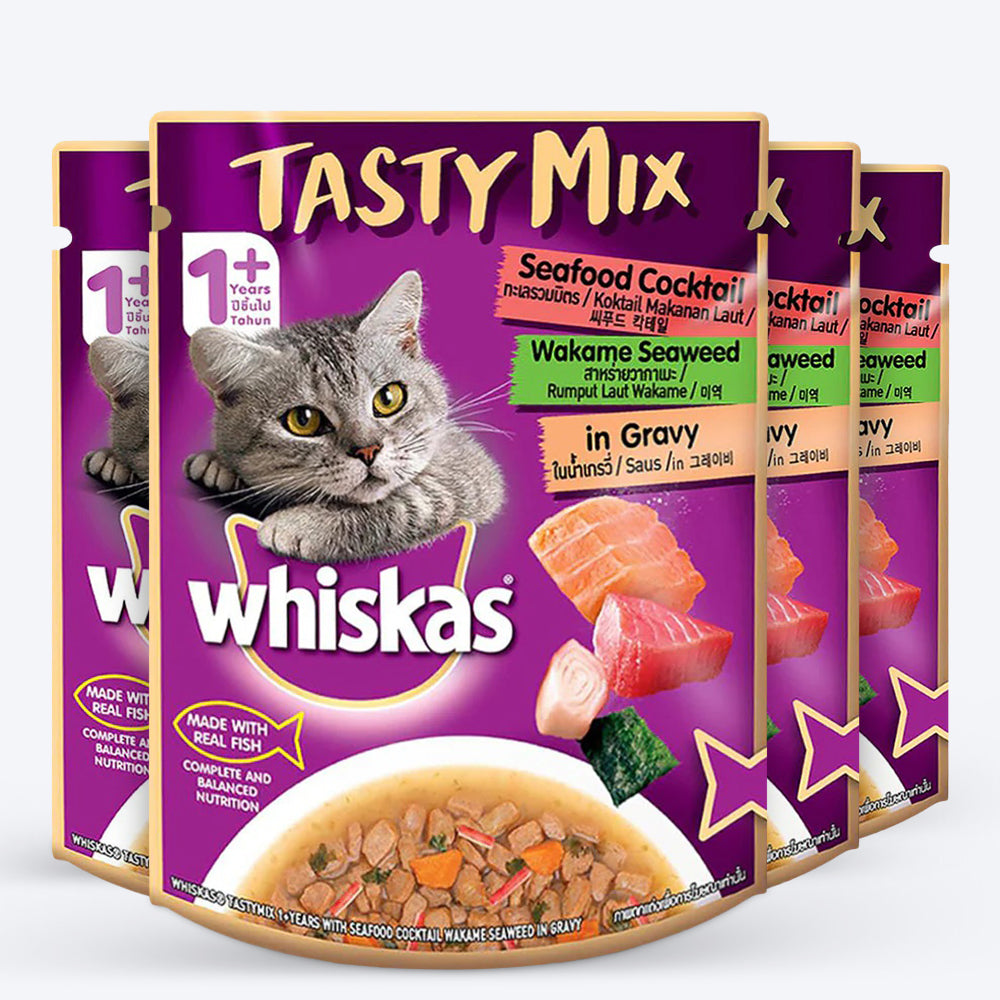 Whiskas Adult (1+ year) Tasty Mix Wet Cat Food Made With Real Fish, Seafood Cocktail Wakame Seaweed in Gravy - 70 g packs - Heads Up For Tails