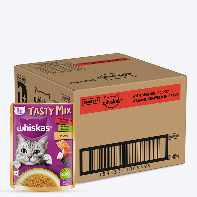 Whiskas Tasty Mix Wet Food Made With Real Fish (Seafood Cocktail & Wakame Seaweed) in Gravy For Adult (1+ year) Cat - 70 gm Pack - Heads Up For Tails