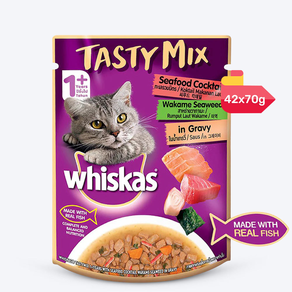 Whiskas Tasty Mix Wet Food Made With Real Fish (Seafood Cocktail & Wakame Seaweed) in Gravy For Adult (1+ year) Cat - 70 gm Pack