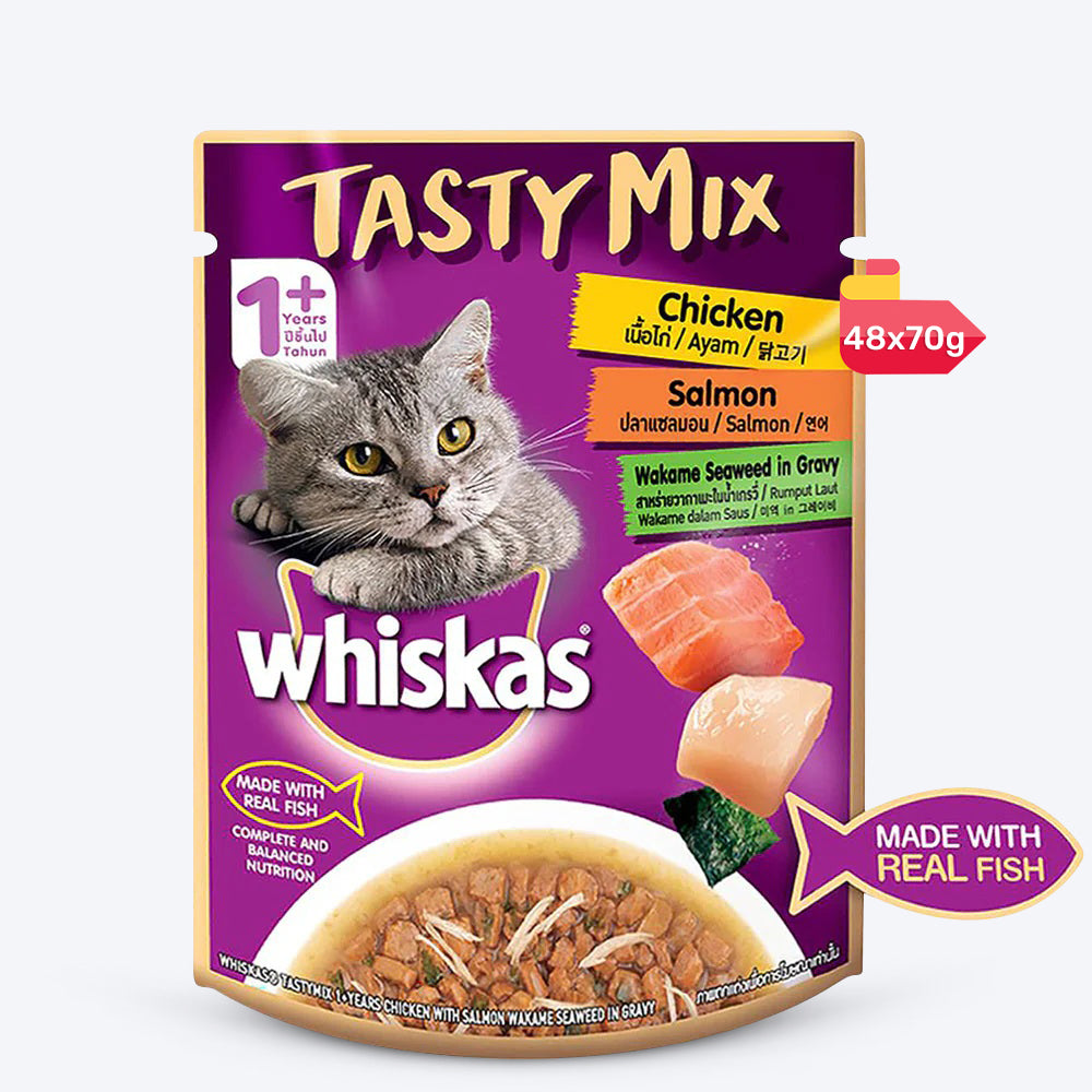 Whiskas Adult (1+ year) Tasty Mix Wet Cat Food Made With Real Fish, Chicken With Salmon Wakame Seaweed in Gravy - 70 gm packs - Heads Up For Tails