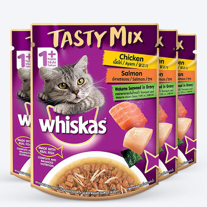 Whiskas Adult (1+ year) Tasty Mix Wet Cat Food Made With Real Fish, Chicken With Salmon Wakame Seaweed in Gravy - 70 gm packs - Heads Up For Tails