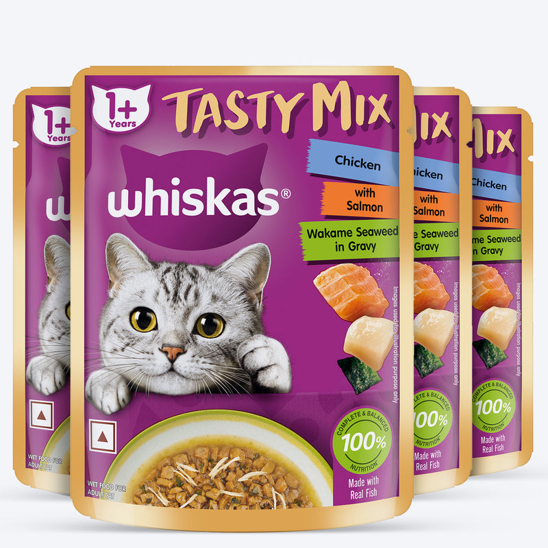 Whiskas Tasty Mix Wet Food Made With Real Fish (Salmon & Wakame Seaweed) With Chicken in Gravy For Adult (1+ year) Cat - 70 gm Pack - Heads Up For Tails