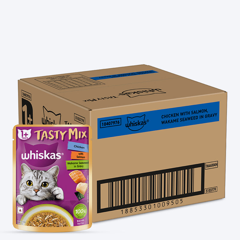 Whiskas Tasty Mix Wet Food Made With Real Fish (Salmon & Wakame Seaweed) With Chicken in Gravy For Adult (1+ year) Cat - 70 gm Pack - Heads Up For Tails
