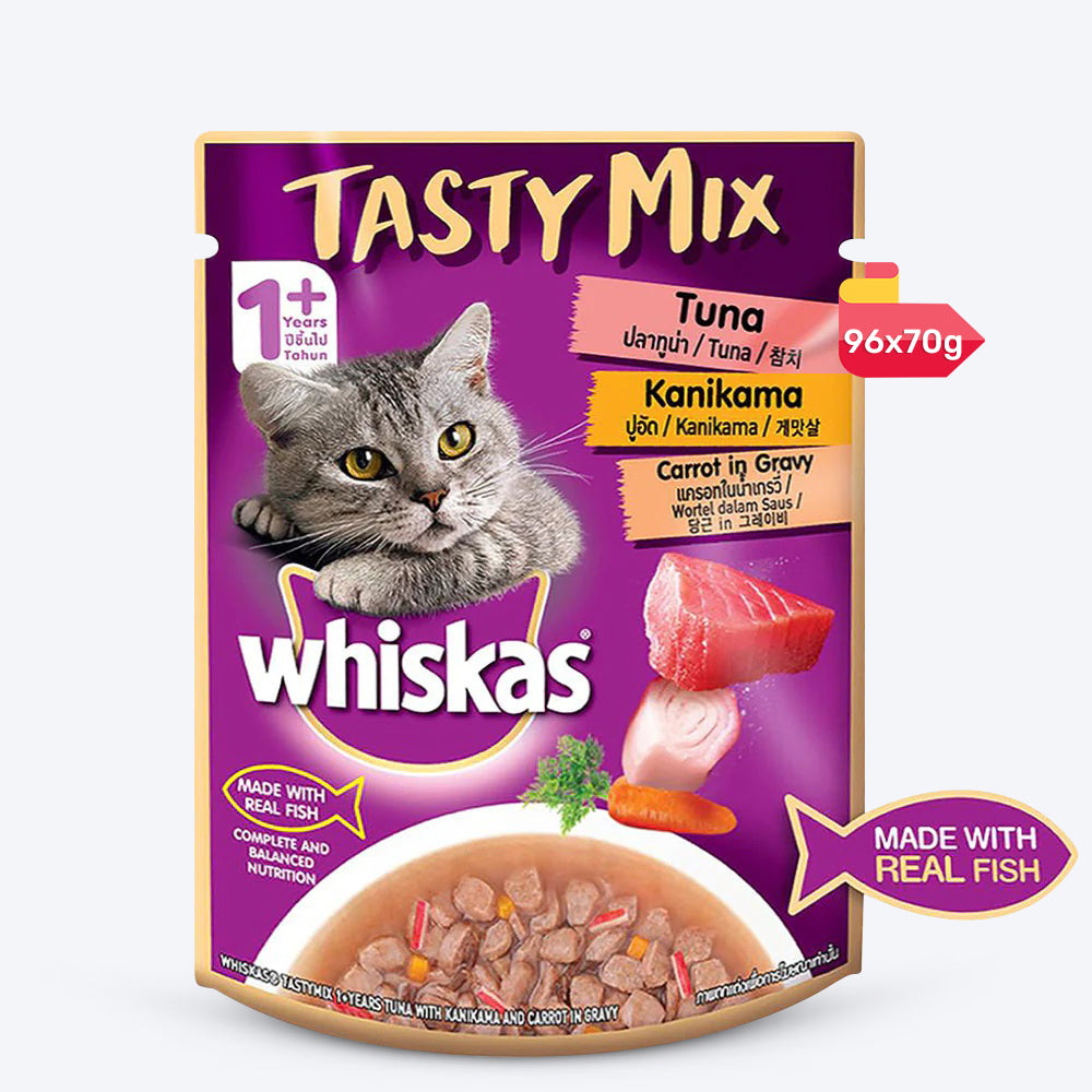 Whiskas Adult (1+ year) Tasty Mix Wet Cat Food Made With Real Fish, Tuna With Kanikama And Carrot in Gravy - 70 g packs - Heads Up For Tails