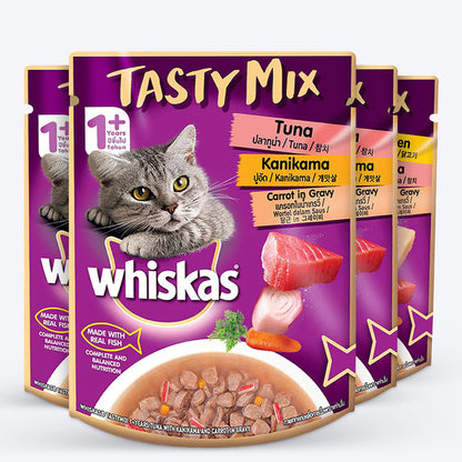 Whiskas Adult (1+ year) Tasty Mix Wet Cat Food Made With Real Fish, Tuna With Kanikama And Carrot in Gravy - 70 g packs - Heads Up For Tails