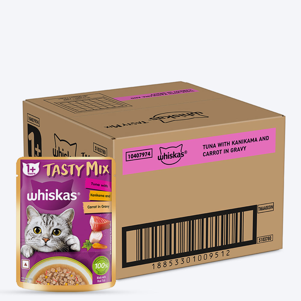 Whiskas Tasty Mix Wet Food Made With Real Fish (Tuna & Kanikama), And Carrot in Gravy For Adult (1+ year) Cat - 70 gm Pack - Heads Up For Tails