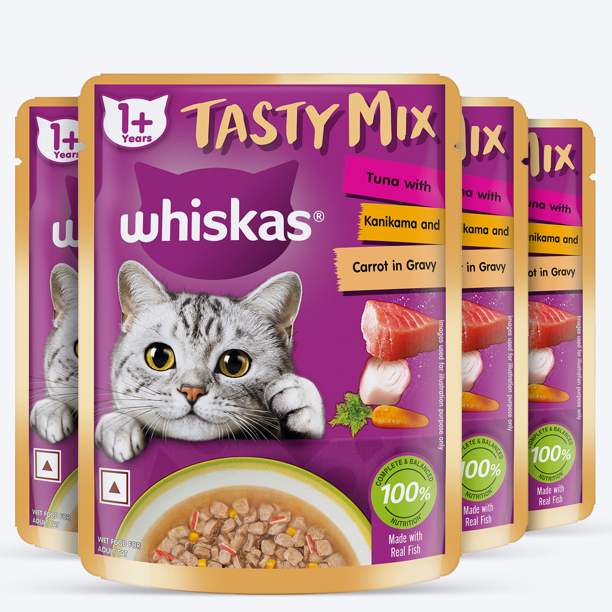 Whiskas Tasty Mix Wet Food Made With Real Fish (Tuna & Kanikama), And Carrot in Gravy For Adult (1+ year) Cat - 70 gm Pack - Heads Up For Tails