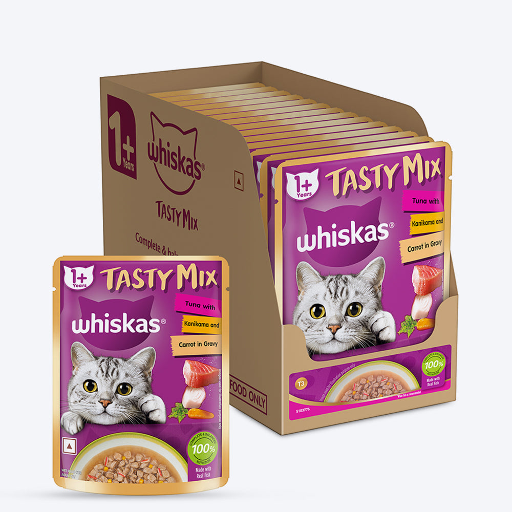 Whiskas Tasty Mix Wet Food Made With Real Fish (Tuna & Kanikama), And Carrot in Gravy For Adult (1+ year) Cat - 70 gm Pack - Heads Up For Tails
