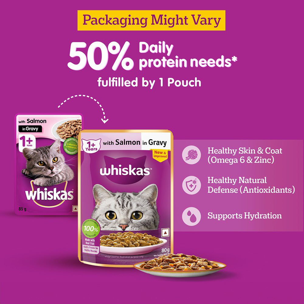 Whiskas Salmon in Gravy (1+ Years) Wet Food For Adult Cat - 80 gm Packs_02