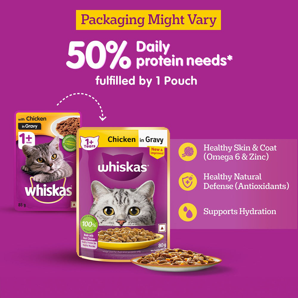 Whiskas Chicken in Gravy (1+ Years) Wet Food For Adult Cat - 80 gm Packs_02