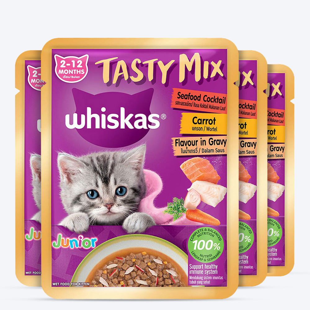 Whiskas Tasty Mix Seafood Cocktail With Carrot In Gravy Wet Food For Junior (2-12 Months) Kitten- 70 gm Pack - Heads Up For Tails