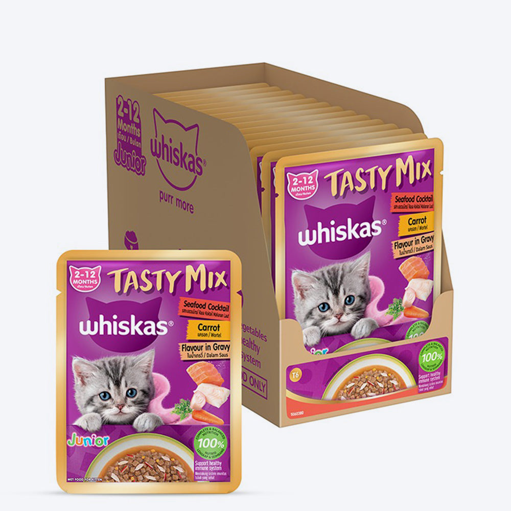 Whiskas Tasty Mix Seafood Cocktail With Carrot In Gravy Wet Food For Junior (2-12 Months) Kitten- 70 gm Pack - Heads Up For Tails