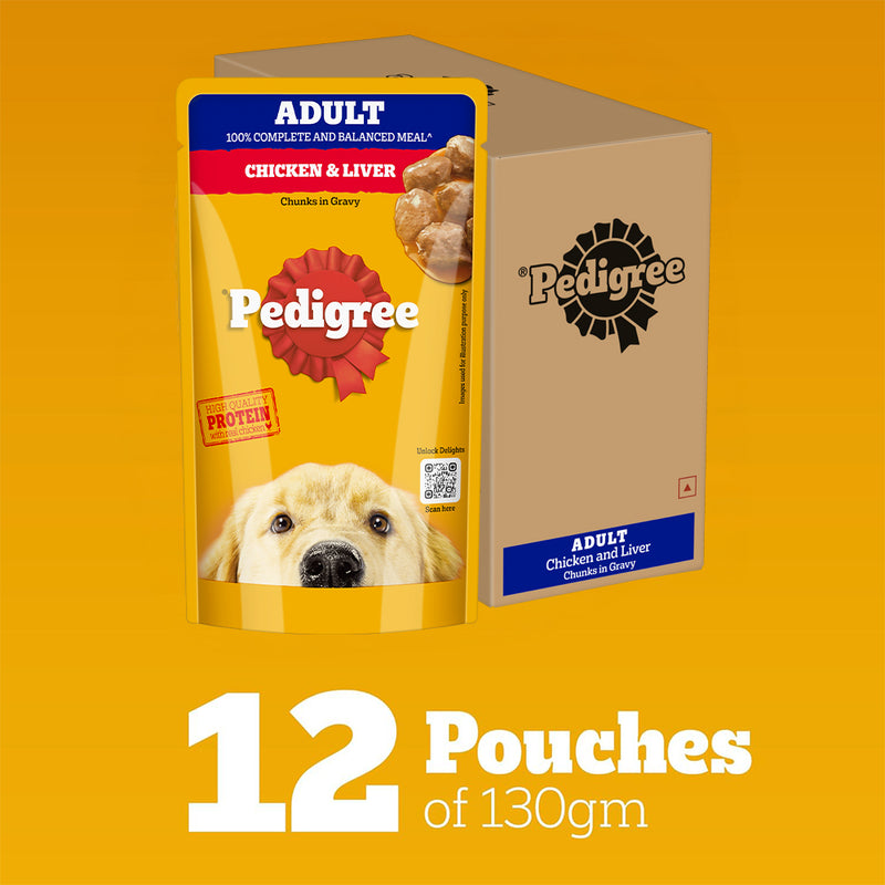 Pedigree Chicken & Liver Chunks In Gravy Adult Dog Wet Food - 130 g - Heads Up For Tails