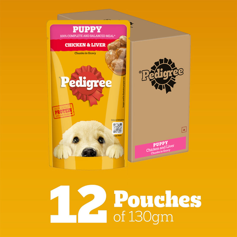 Pedigree Chicken & Liver Chunks In Gravy Puppy Wet Food - 130 g - Heads Up For Tails