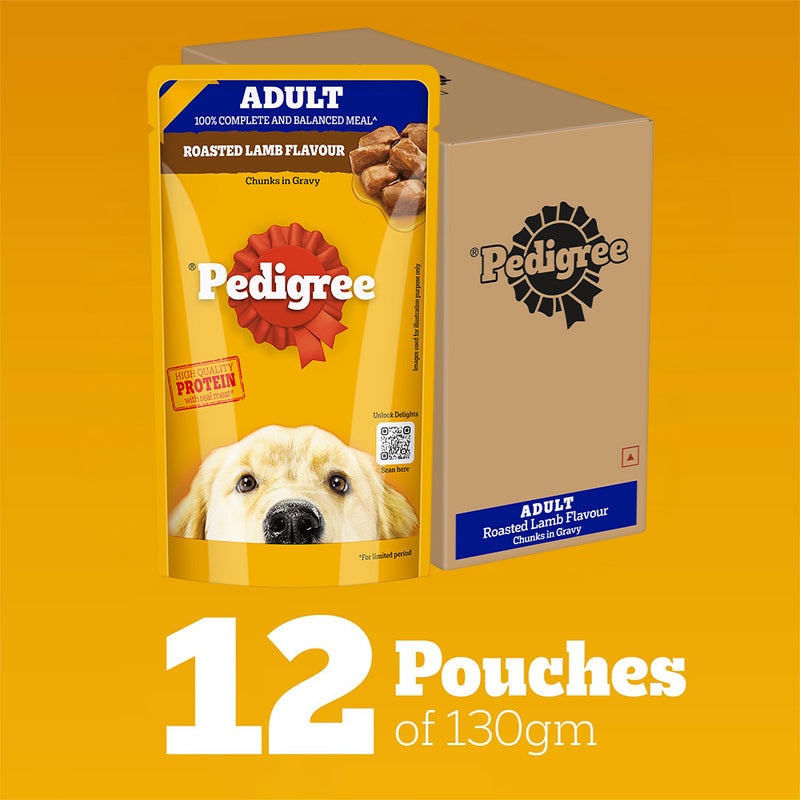 Pedigree Roasted Lamb Flavour Chunks In Gravy Adult Dog Wet Food - 130 g - Heads Up For Tails